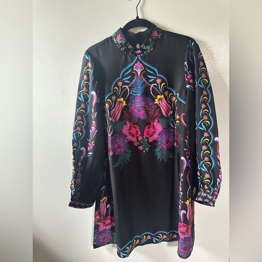 Johnny Was Black Floral Long Sleeve Dress
